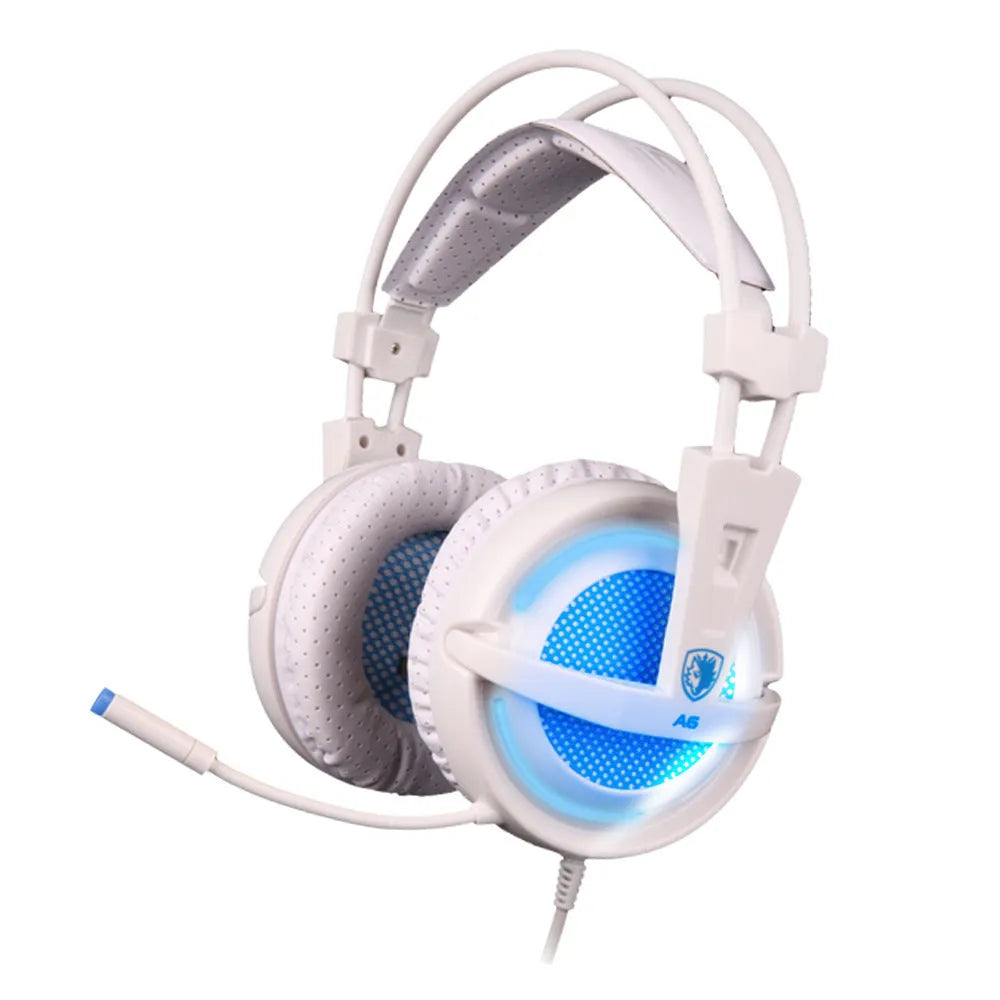 Black and white USB gaming headset with LED lights and 4-piece padded headband on a grey background.