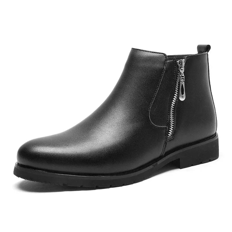 Men's black leather formal shoes, big sizes 38-44, business-casual with rubber outsole and plush lining