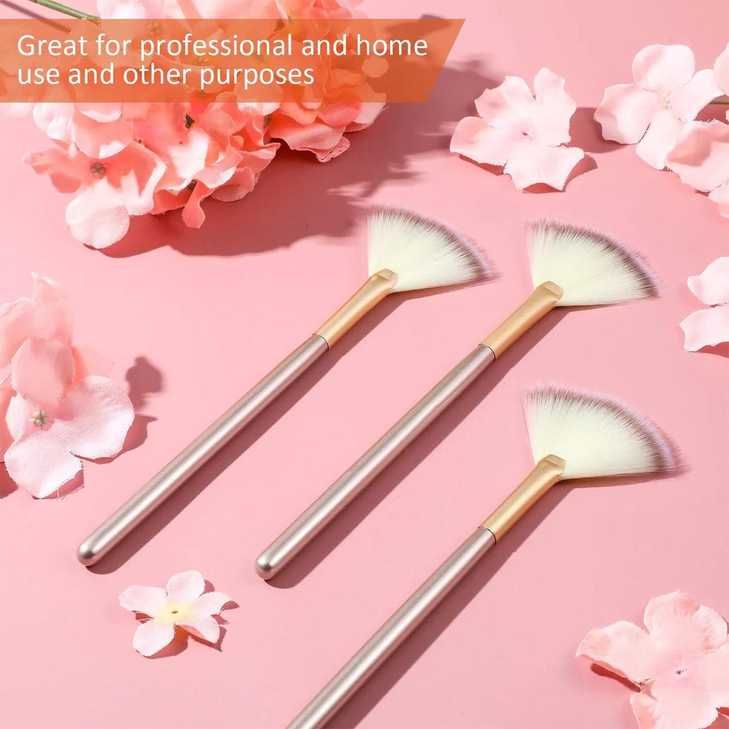 Ten champagne-coloured facial fan brushes with acrylic handles and protective covers