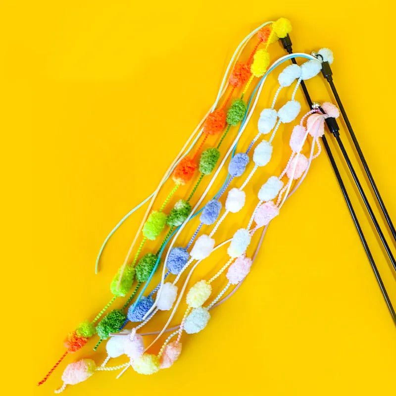 Bite resistant cat teasing stick with plastic wand and knot and wool teaser in orange, blue or pink
