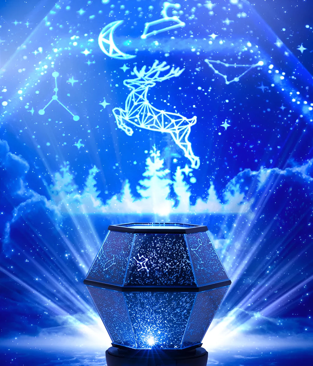 Children's rotating star night light projecting dreamlike starlight in a bedroom