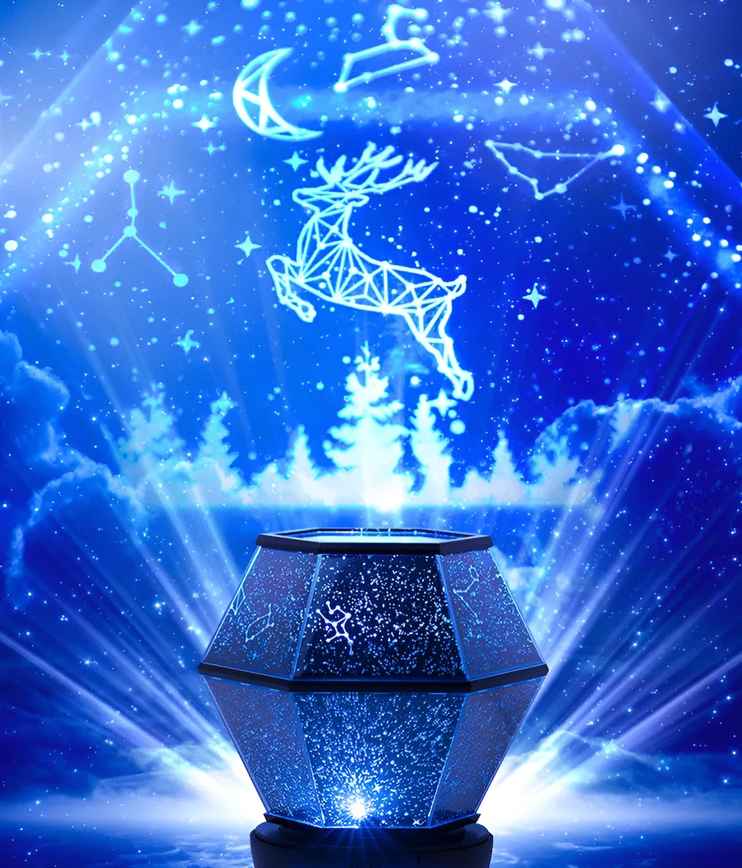 Children's rotating star night light projecting dreamlike starlight in a bedroom