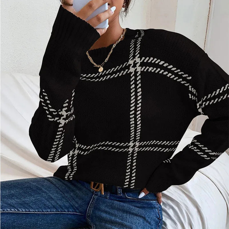 Women's loose plaid colour-block acrylic crew neck sweater in multiple colour options