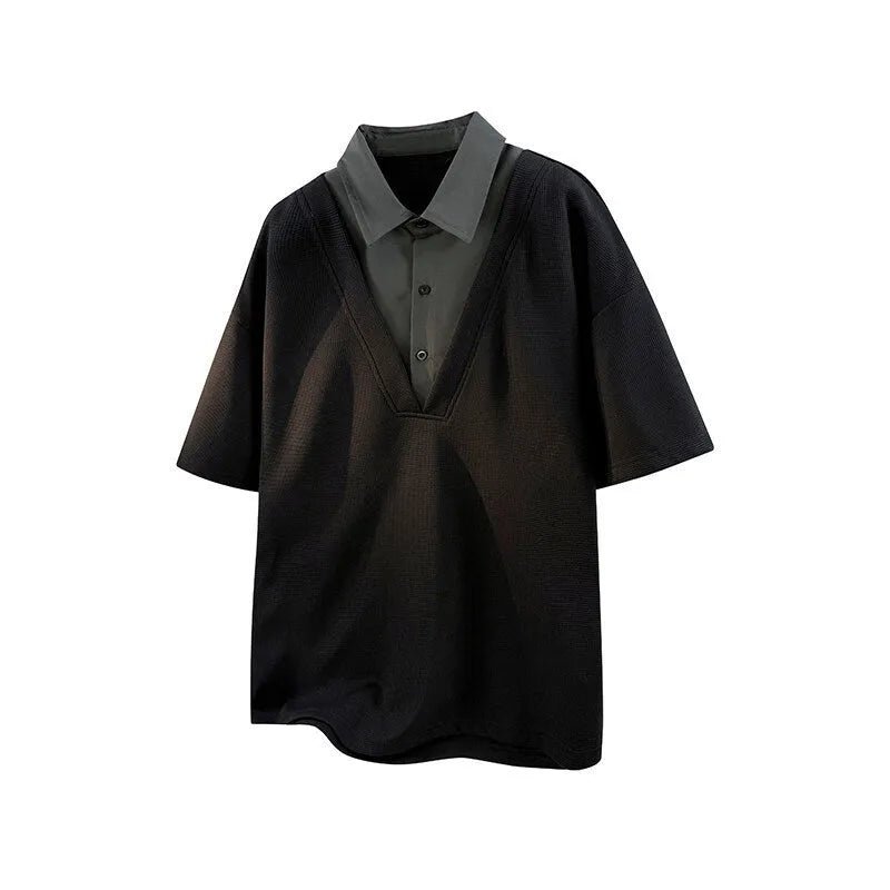 Men's black short sleeve polo sweater with a structured padded Henry collar, made from thin Spandex fabric.