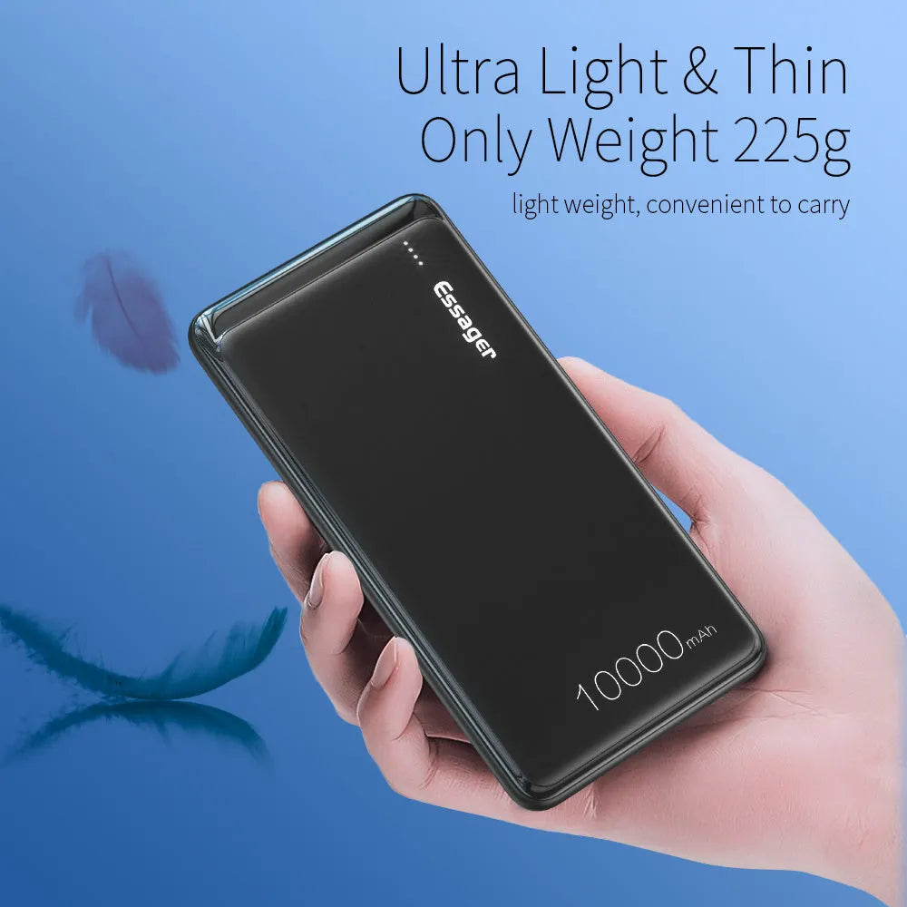 Essager Small Jane black and white 10000mAh portable power bank showing size and dual USB ports