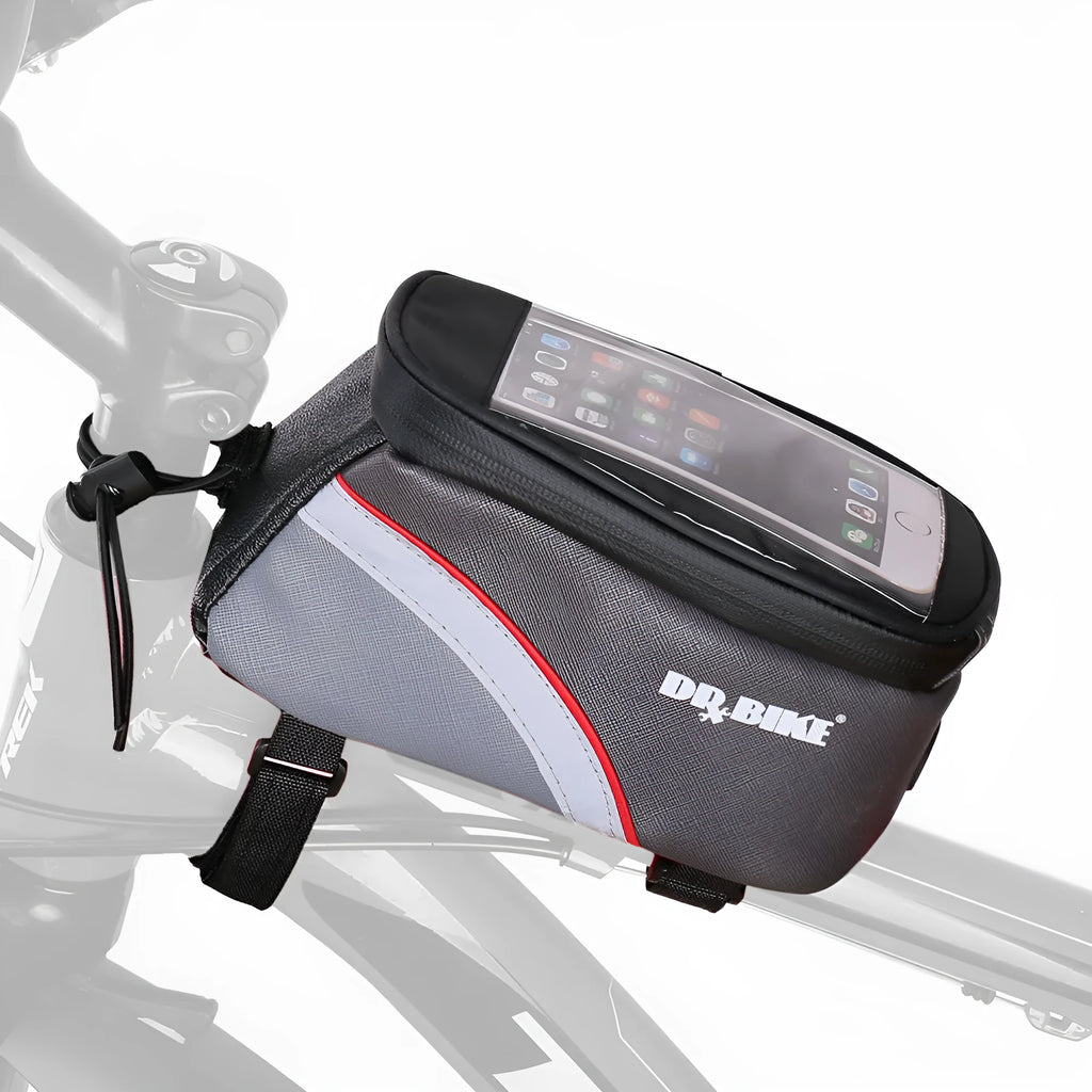 PU bike frame front top tube bag in red and grey, 20 x 10 x 12cm, with elastic string and Velcro tape
