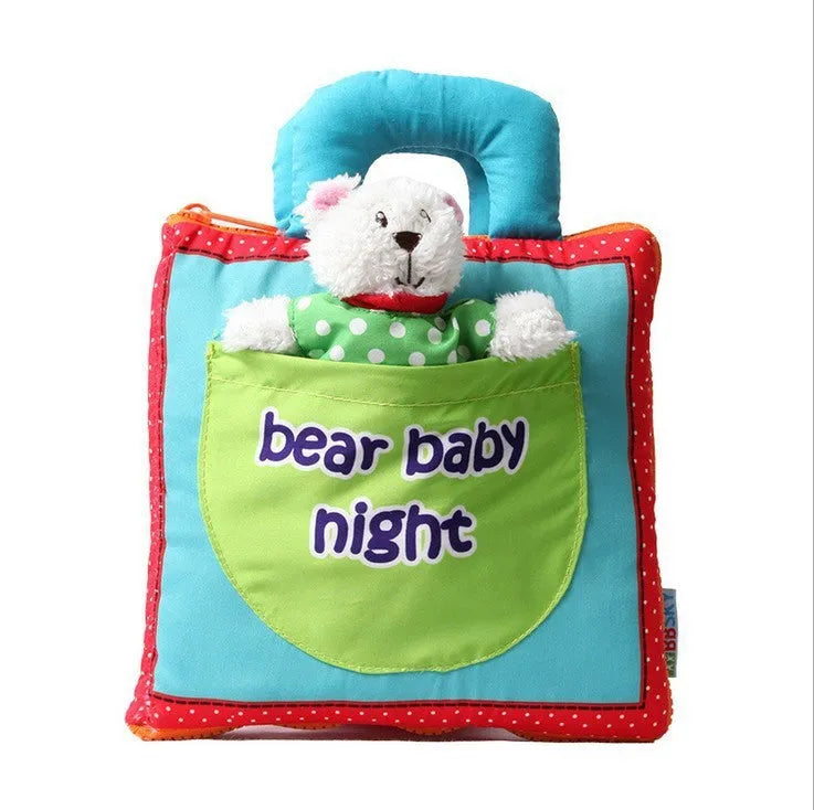 Tear-resistant cloth book for babies with soft fabric pages and polyester fibre filling, supplied in an OPP bag.