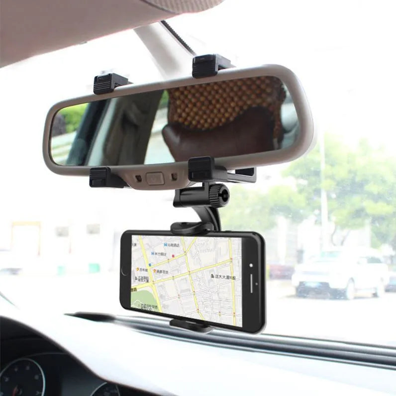 Black car rearview mirror phone holder with buckle fixing, model V68200, for hands-free navigation.