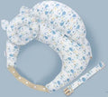 Multifunction nursing pillow with 100% cotton cover and removable washable design, shown in blue whale pattern.