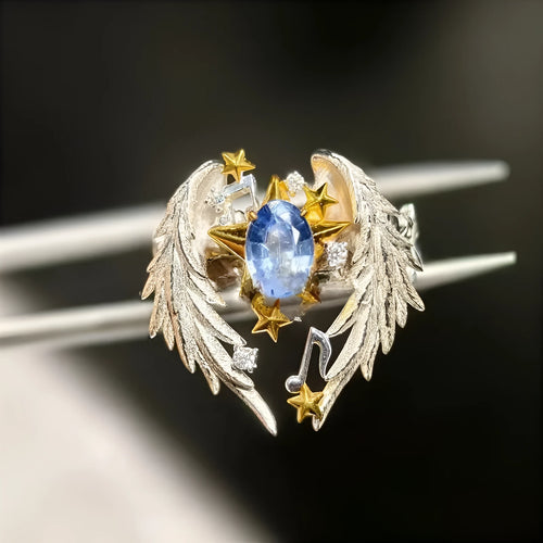 Angel Wings adjustable open mouth alloy ring with geometric design and oiling treatment finish