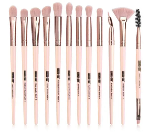 12 piece eye makeup brush set with nylon bristles and portable plastic handles in six colour options