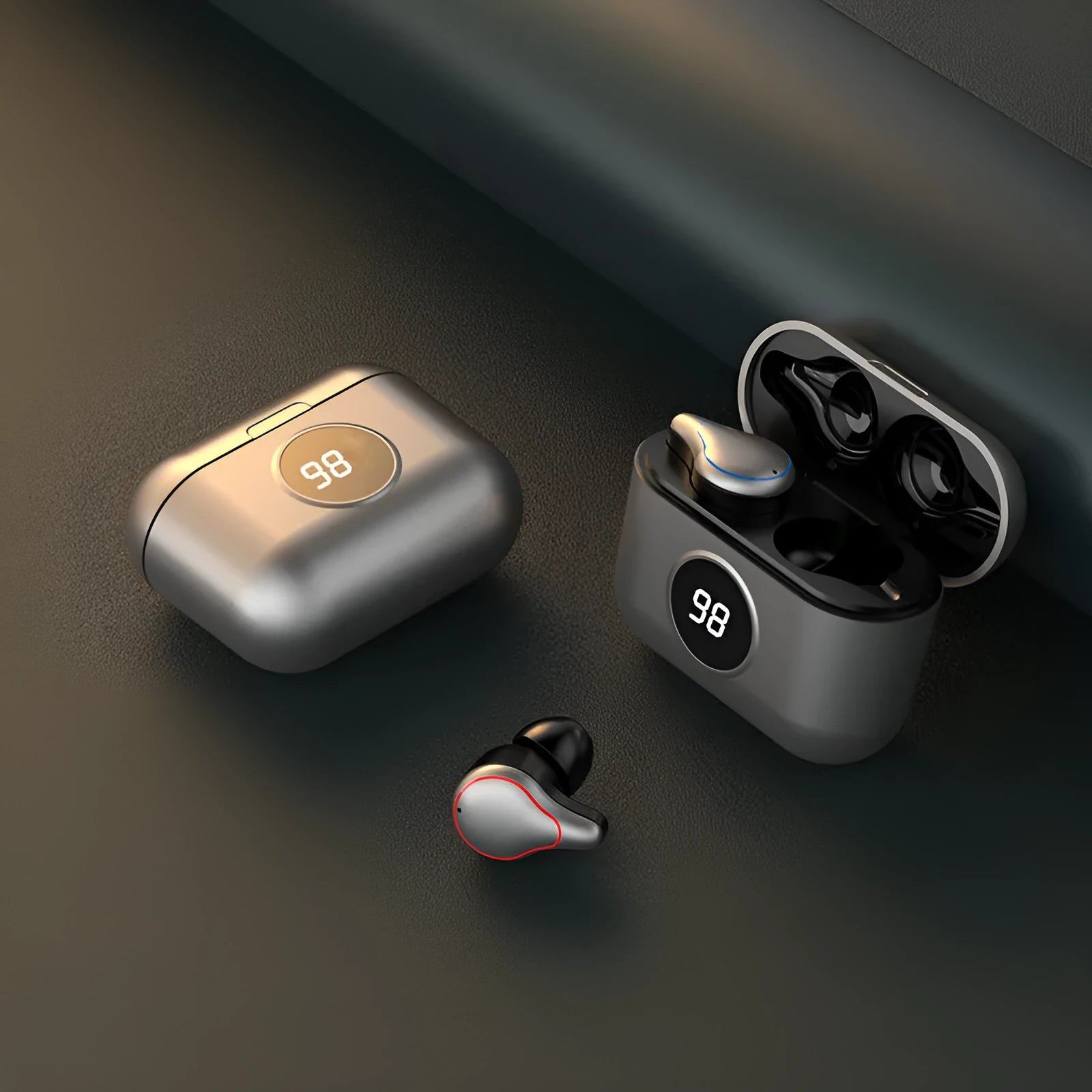 Black and blue in-ear bluetooth stereo headset shown with earplug design