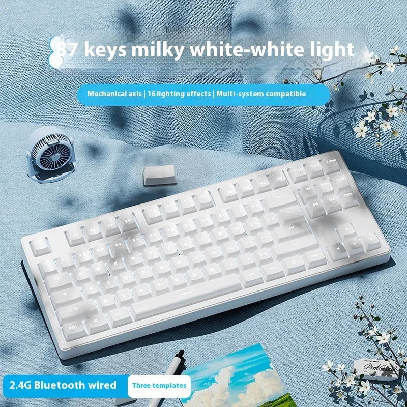 Mechanical keyboard with three connectivity modes in blue and white colour matching design