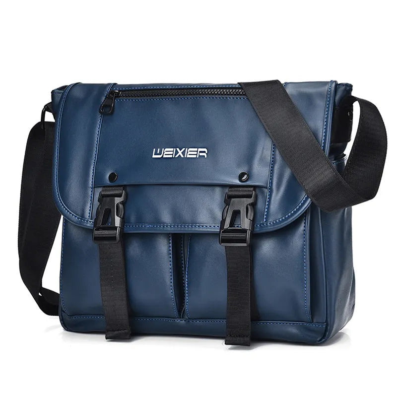 Men's black PU leather messenger bag with crossbody strap and large capacity for business travel