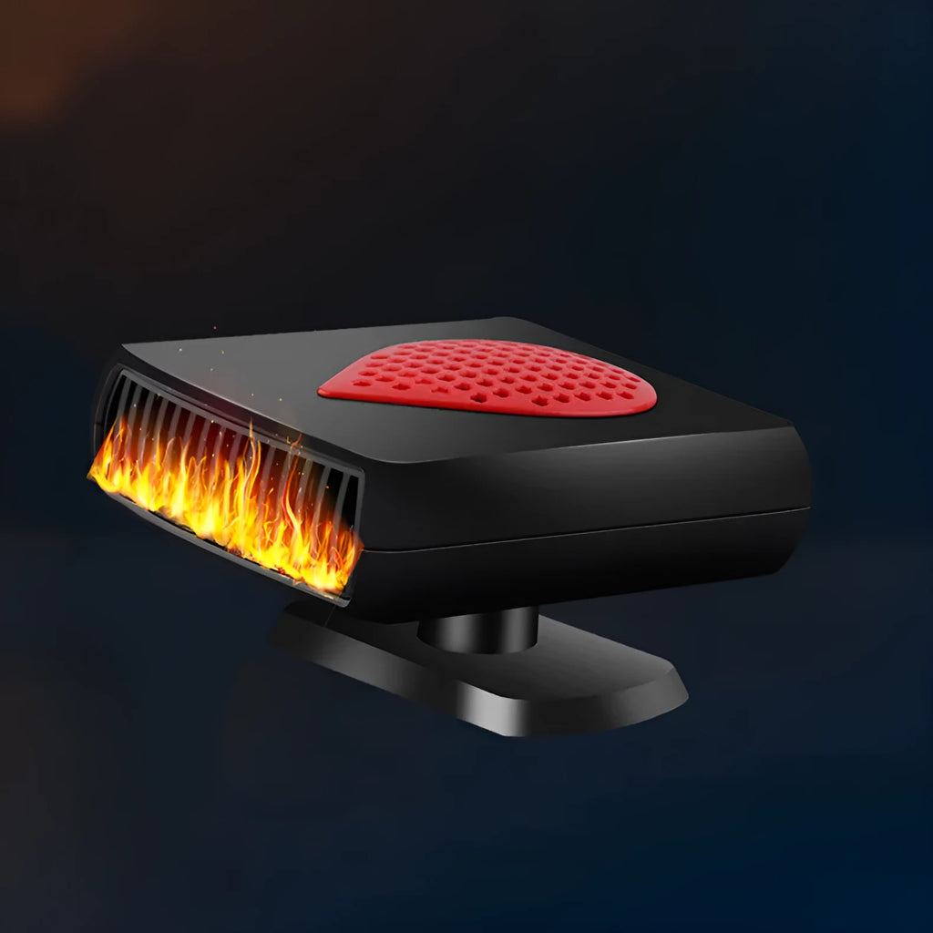 Car demister and defroster with quick-heat fan, 150W, 12V or 24V, black and red or black and grey.