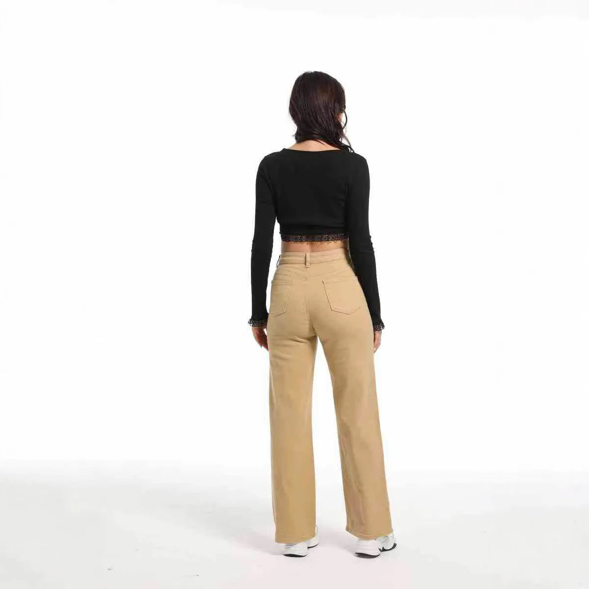 Women's high waist wide leg straight jeans in apricot and khaki colours