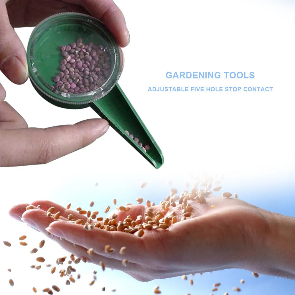5-speed adjustable plastic seed sower, green and transparent, approx. 12cm x 6cm, 19g, for small seeds