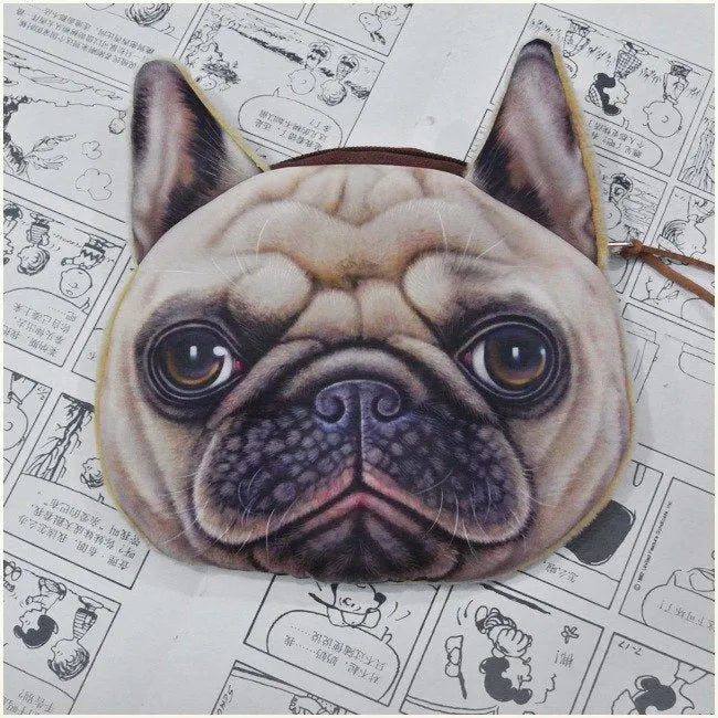 Cute cat face zipper coin purse in soft plush material, 13x12.5cm size, isolated on background