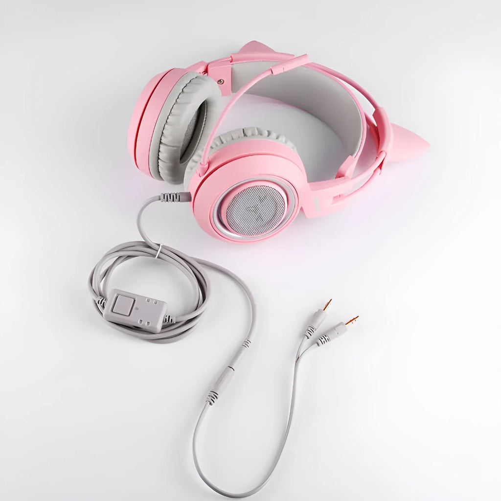 G951s pink cat ear gaming headset with 3.5mm plug, built-in mic, and adjustable headband