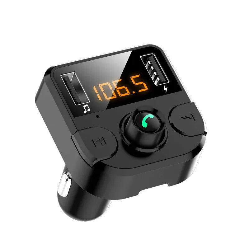 Black BT36B car Bluetooth MP3 player with FM transmitter plugged into a car cigarette lighter socket.