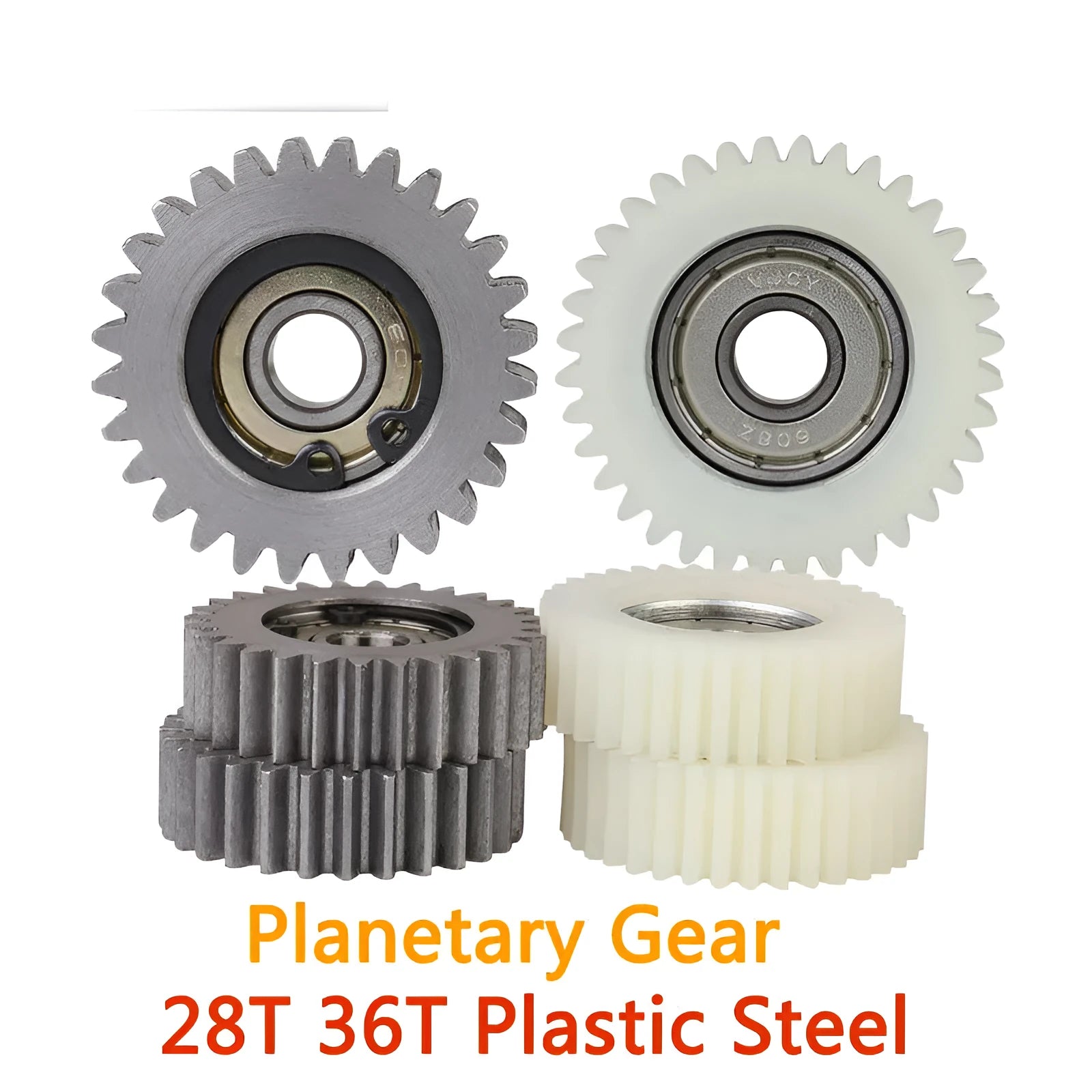 Set of electric vehicle motor gears in steel and nylon, 3.8cm diameter, 28T and 36T tooth counts