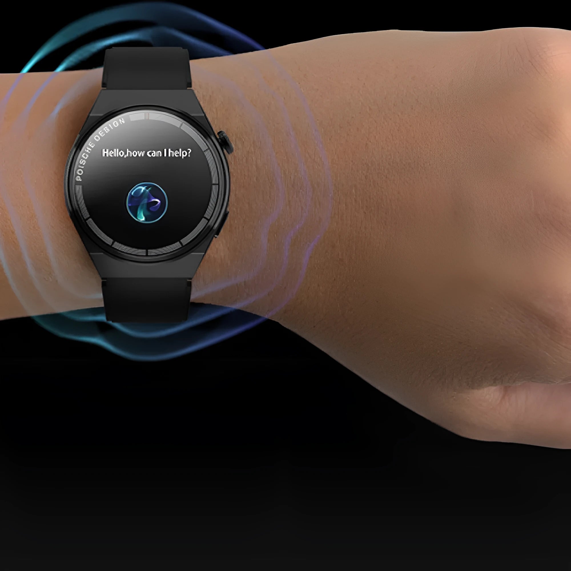 Black smartwatch with a circular 1.39 inch screen on a silicone strap, showing Bluetooth calling and health monitoring interface