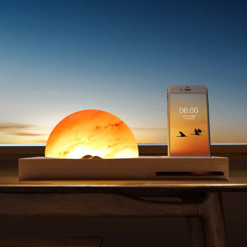 Sunrise Oriental wooden base salt lamp with integrated wireless phone charging pad and natural crystal salt shade.