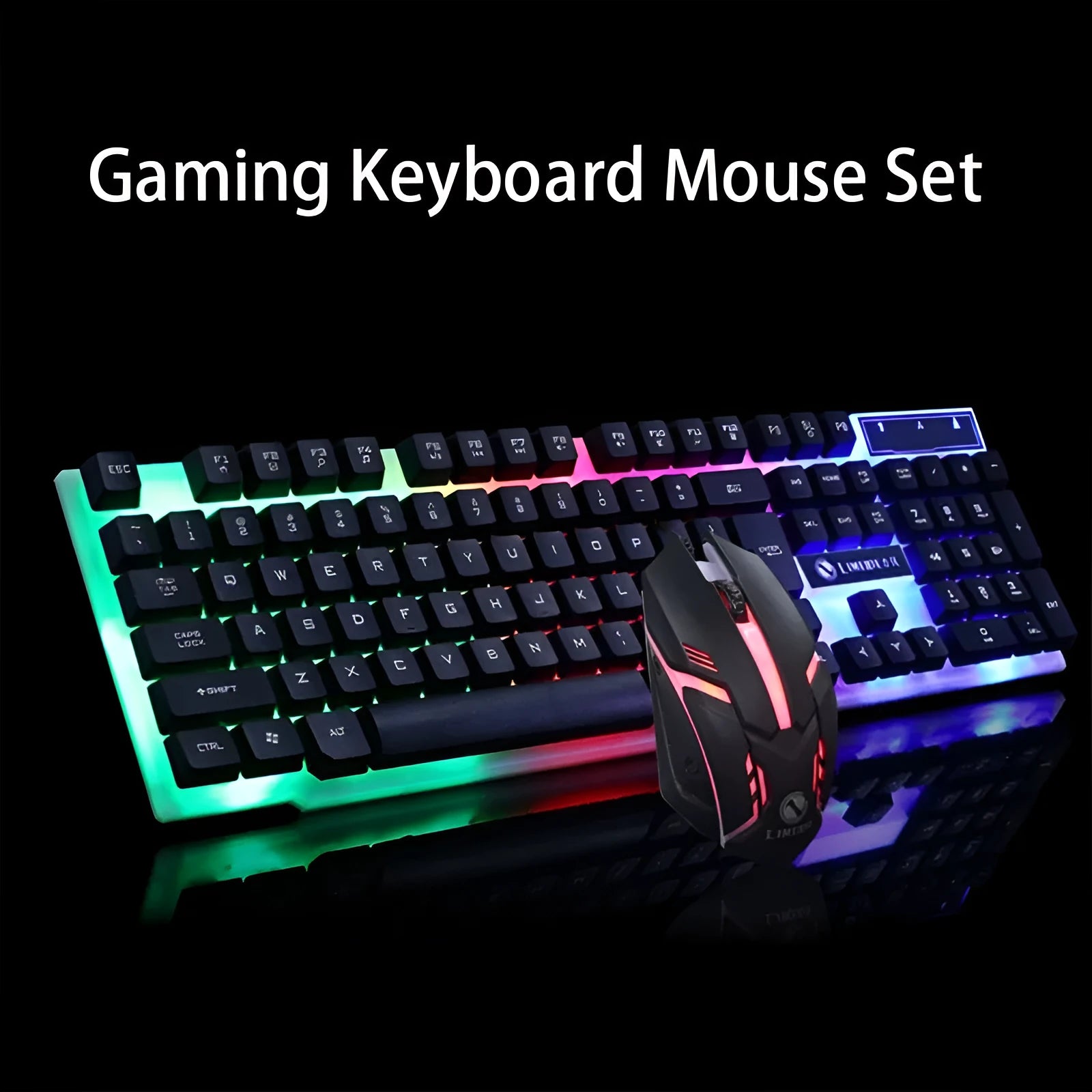 GTX300 black and white wired gaming keyboard and mouse set with coloured backlighting on a desk.