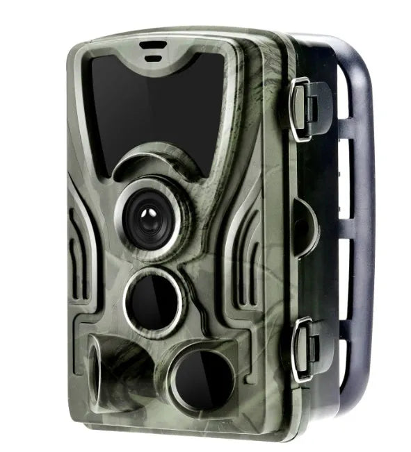 Green cellular trail camera with display screen and infrared sensors for outdoor wildlife monitoring