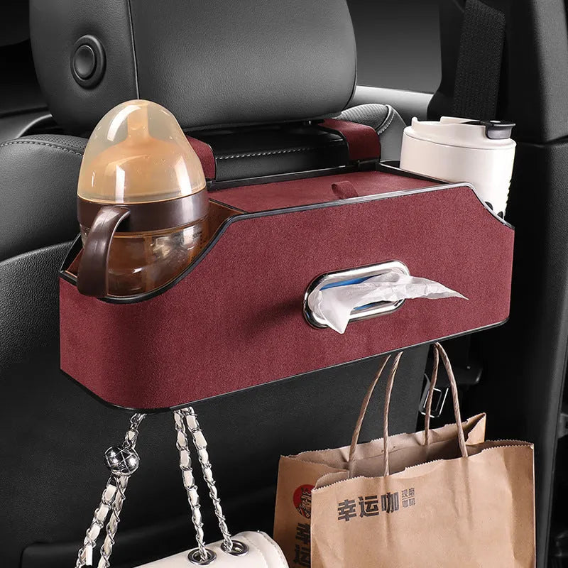 Genuine leather car tissue box and cup holder in beige colour, shown suspended.