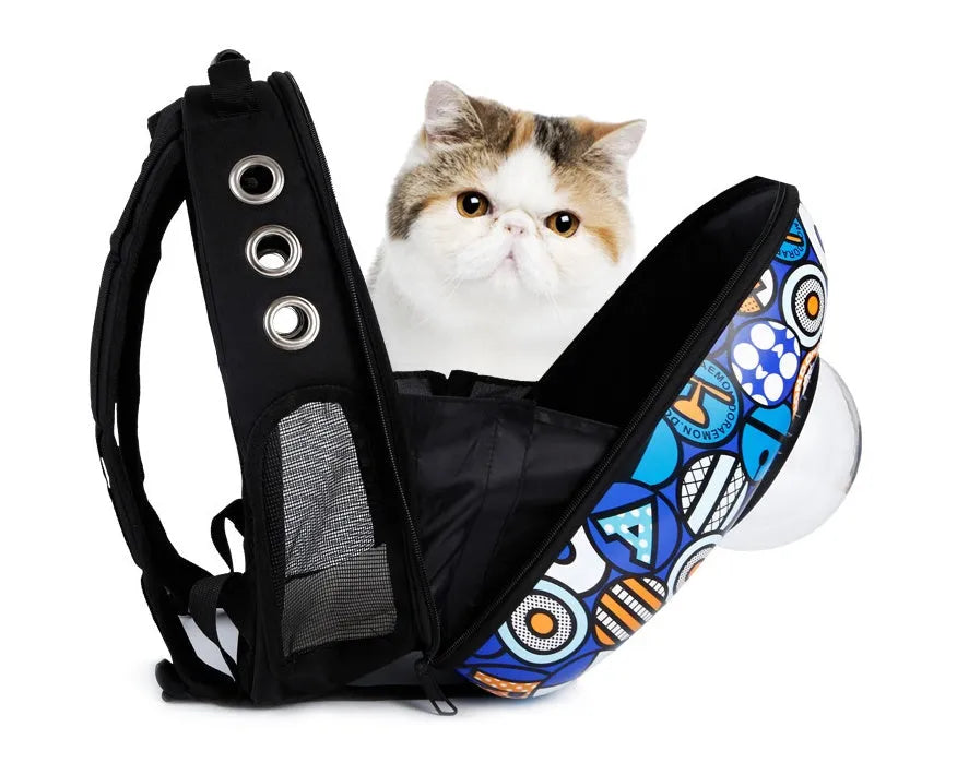 Space capsule pet carrier bag with transparent PC panel and Oxford fabric body in multiple colours