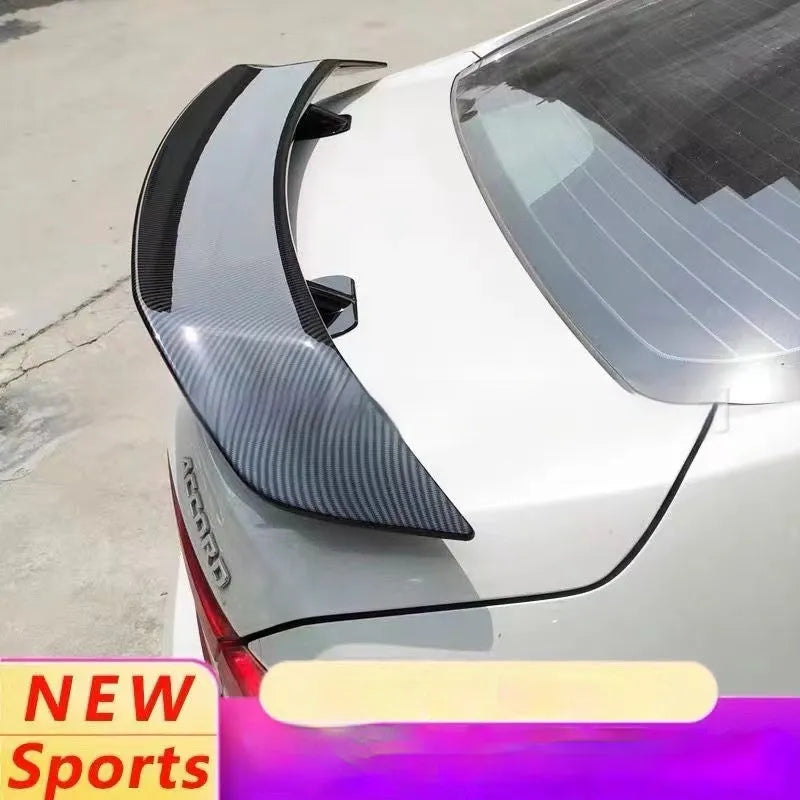 Universal punch-free fixed tail car spoiler in ABS plastic, shown in multiple finish options.