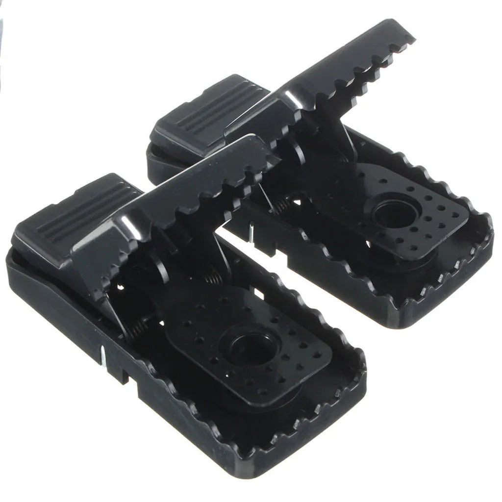 Six black plastic snapping mousetraps with measurements 11cm long by 5.5cm high