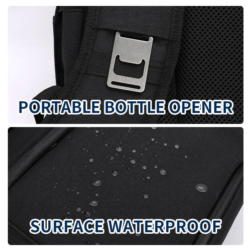 Blue double layer insulated backpack with large main compartment and adjustable straps.