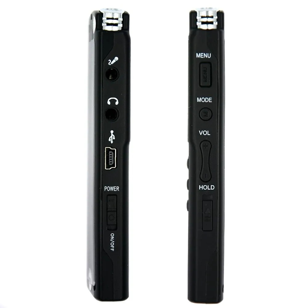 USB professional digital voice recorder with external microphone, compact black design.