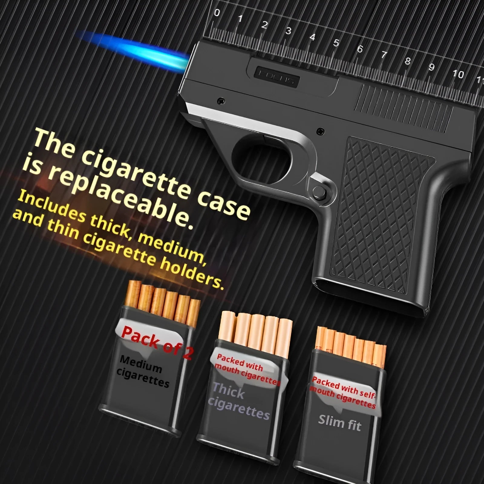 Gun-type windproof gas lighter with cigarette case, plastic body, black colour
