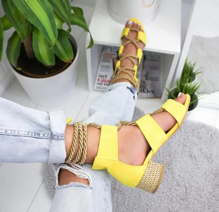 Women's beige suede sandals with thick heel and front strap.
