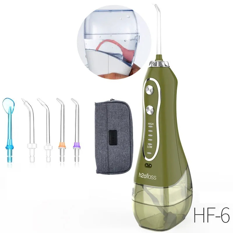 Portable dental flusher with 300ML water tank, three nozzles, and 360° rotating nozzle, IPX8 waterproof.