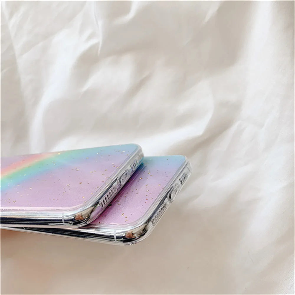 Rainbow gradient striped TPU protective case for iPhone on a white background.