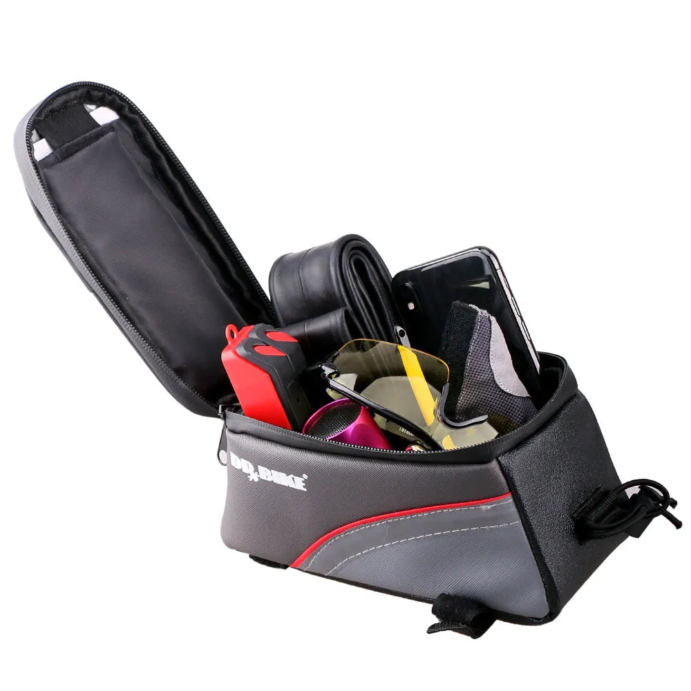 PU bike frame front top tube bag in red and grey, 20 x 10 x 12cm, with elastic string and Velcro tape