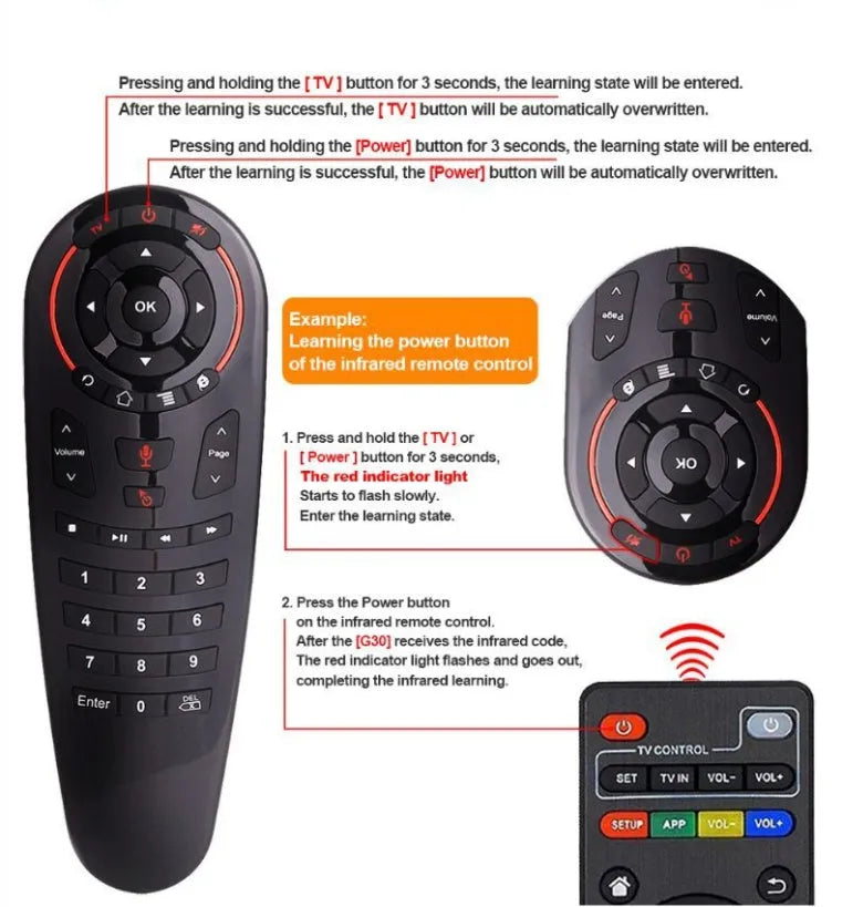 G30 Air Mouse wireless keyboard remote control with nano receiver on a table