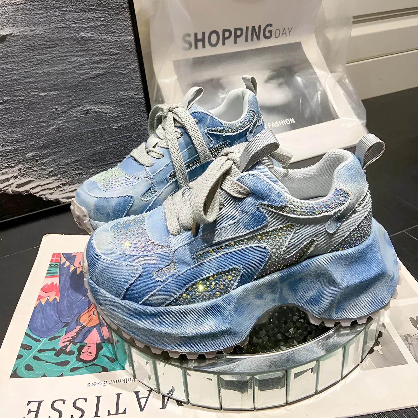 Blue white gradient denim high top platform sneakers for women with rhinestones, side view
