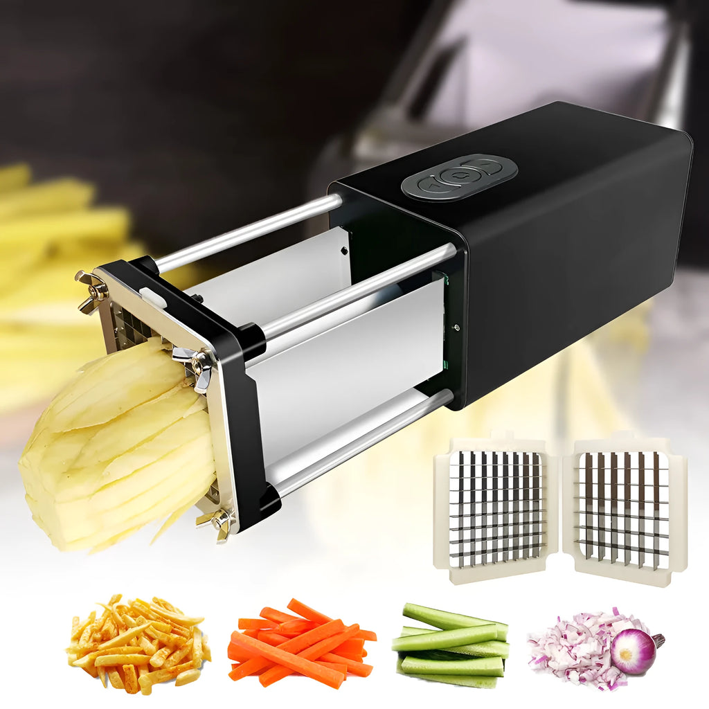 Black electric French fry cutter machine with stainless steel blades on a kitchen counter