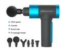 Electric percussion massage gun with ergonomic handle, touch screen, and 4 or 6 massage heads, available in grey, blue, or purple.