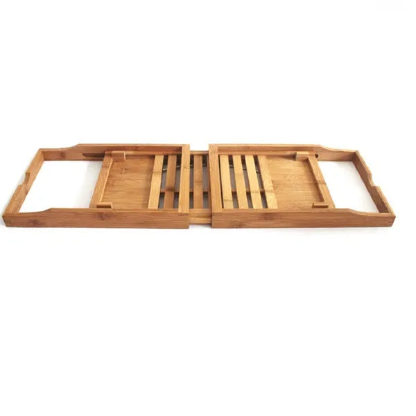 Natural bamboo bathtub frame desktop storage unit with one shelf for bathroom organisation.