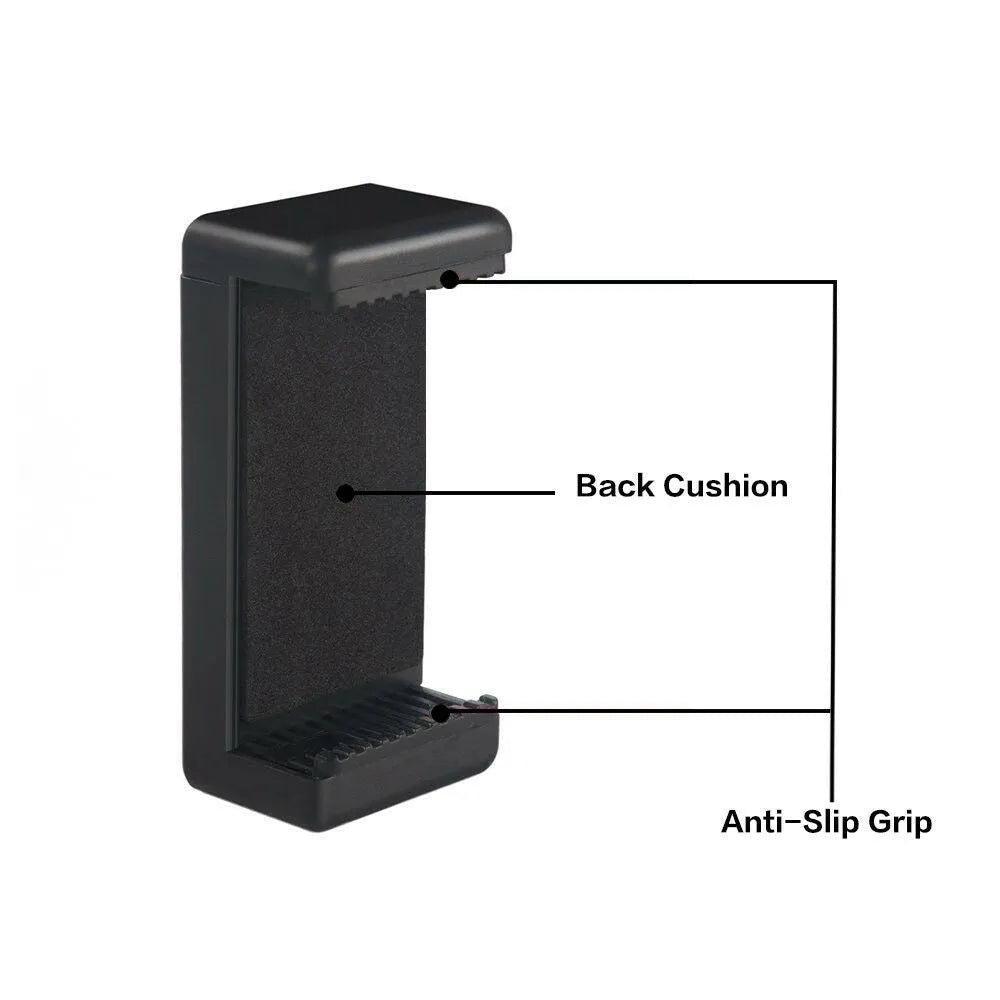 Black plastic phone holder with rotating clamp mechanism showing 10x4x3.5mm dimensions