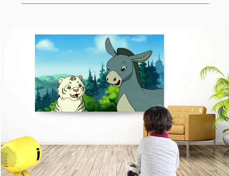 YG220 portable LED projector in white or yellow colour showing 1080P input and 24-80 inch projection size.
