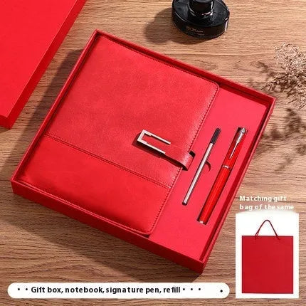 A5 leather notebook in choice of colours with gift box, open to show wood-free paper.