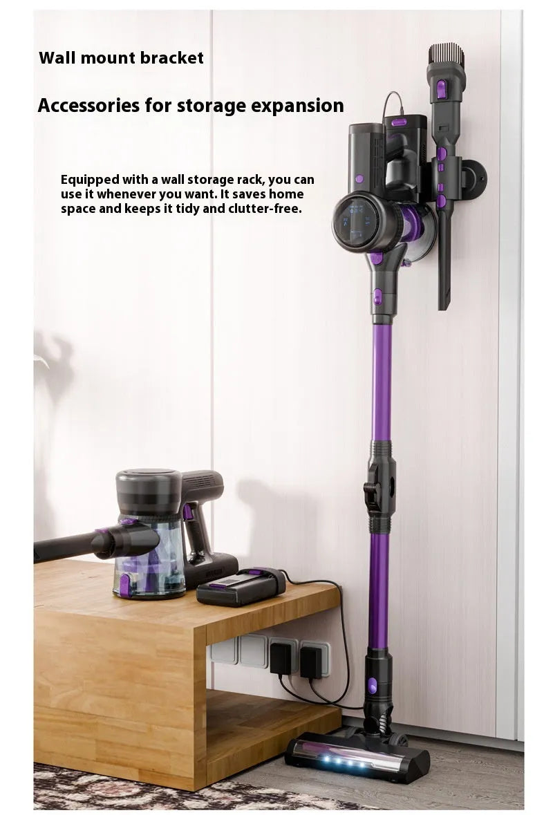 Handheld vacuum cleaner with brushless motor, foldable design, black and purple standard colour