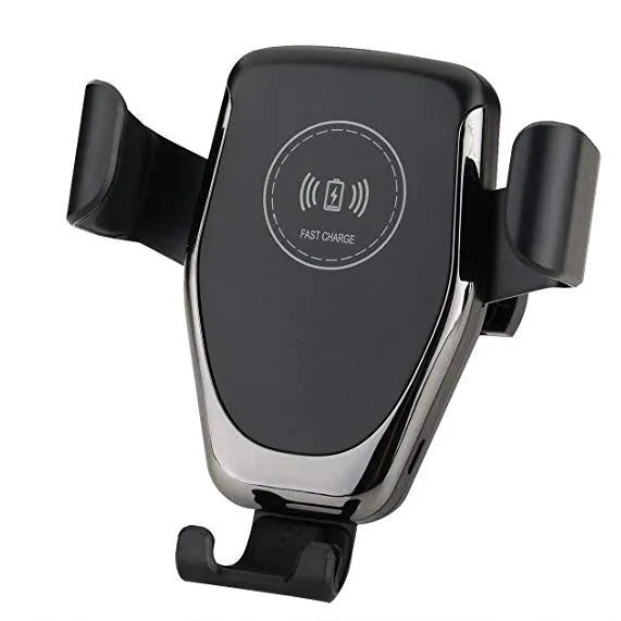 Black car Qi wireless charger with automatic clamp mounted on a vehicle air vent.